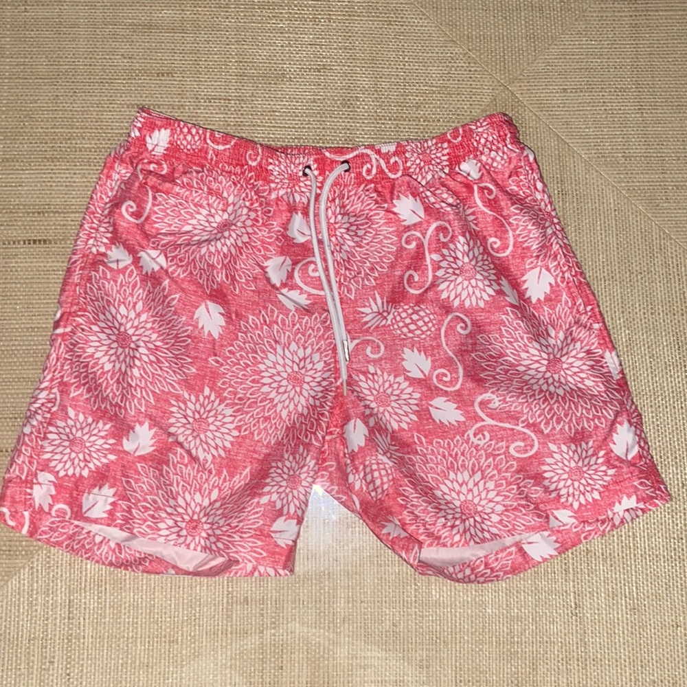 Men’s medium red orange swim trunks black brown brand floral swimsuit